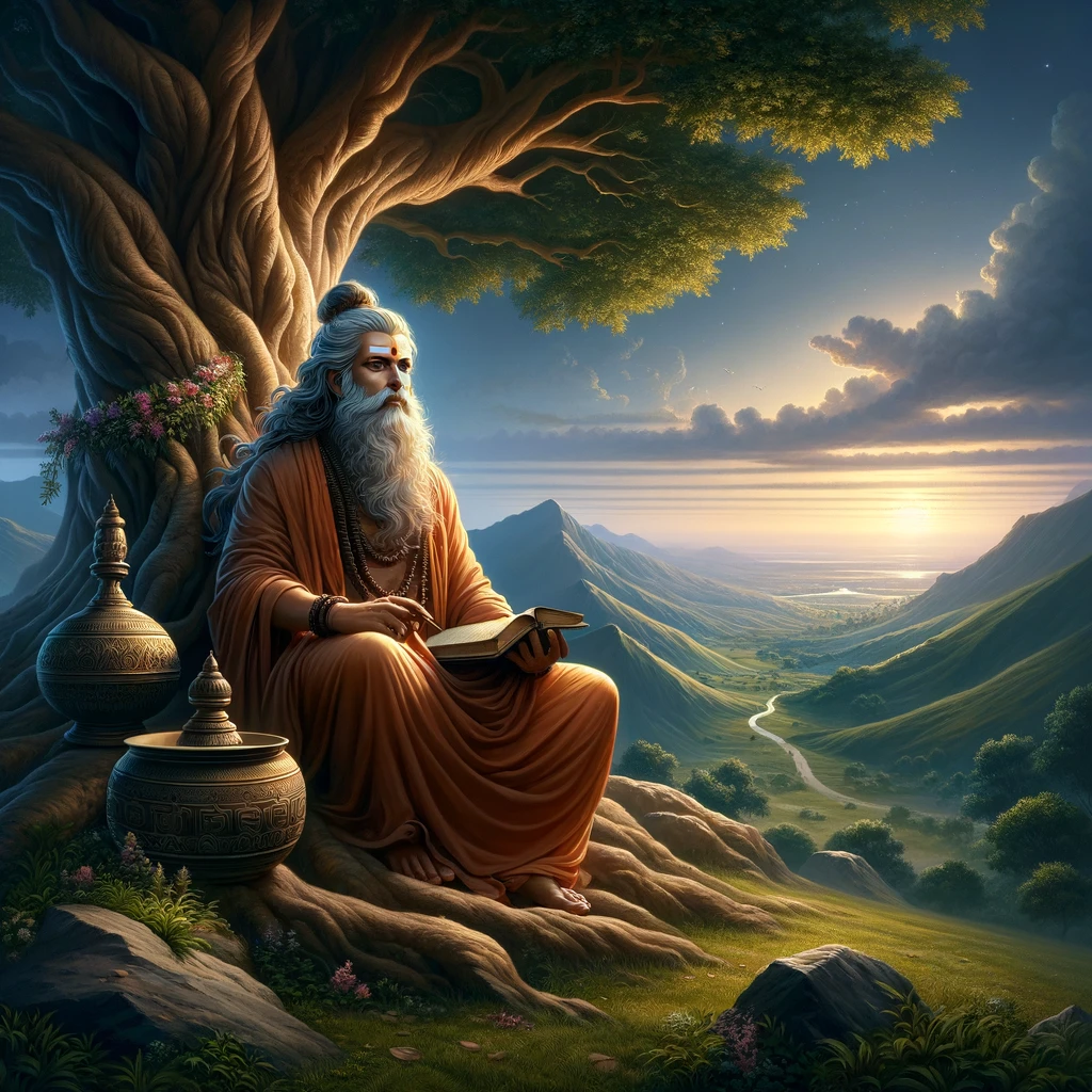 A serene and majestic image of Maharishi Parashara a revered Vedic Indian sage portrayed in a tranquil and spiritual setting